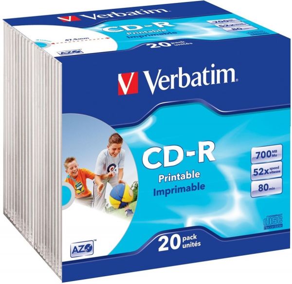 Диск CD-R Verbatim 700Mb 52x DataLife+ Slim Case Printable (20шт)